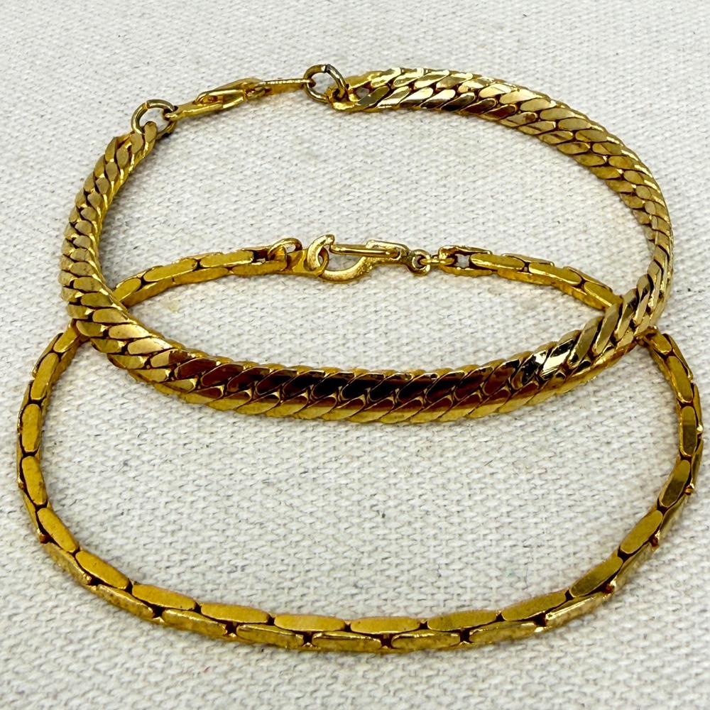 14K Gold Plated Bracelets Set of 2‎ Herringbone Snake Chain Style